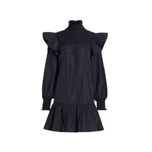 Cinq a Sept River Taffeta Flounce Mini Dress Womens 6 Navy Blue Long Sleeve Mock